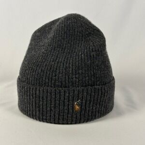 Polo Ralph Lauren 100% Merino Wool Beanie OS Charcoal Grey Ribbed Knit Hat